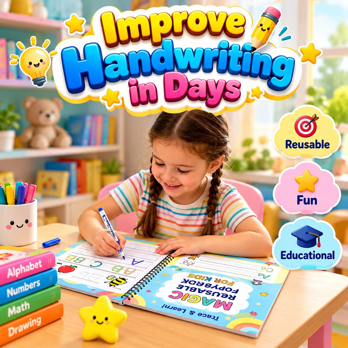 Reusable Magic Practice Book for Kids Handwriting (4 Book + 10 Refill)